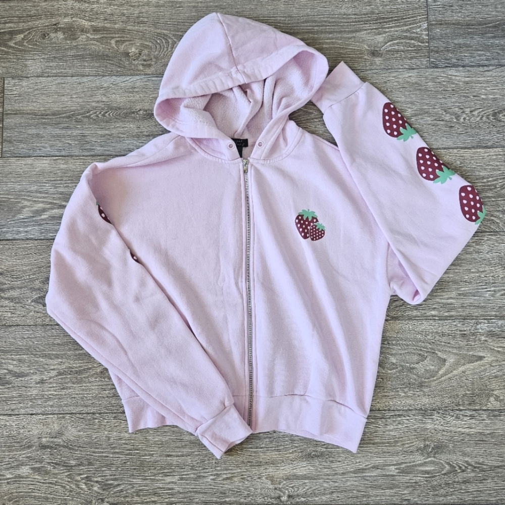 Sweet Society Pink Strawberry Zipper Cropped Hoodie Sweatshirt